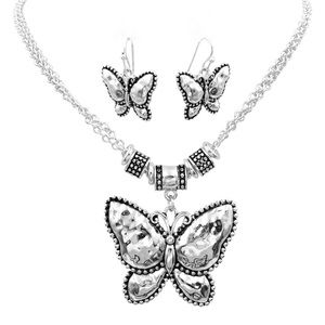 Hammered Butterfly Silver Necklace Earrings Set